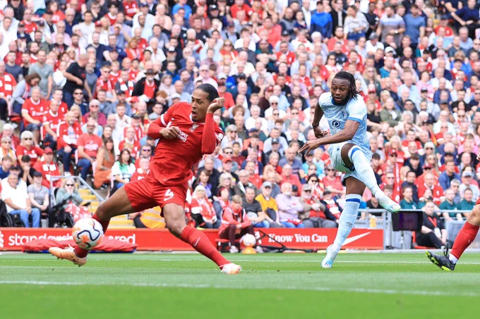 Ghanaian striker Antoine Semenyo scores against Liverpool