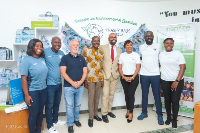 The Inspire to Rise, Futurestars Charity, and Trashy Bags Africa teams with the United Kingdom's Foreign Secretary, James Cleverly [5th Right].